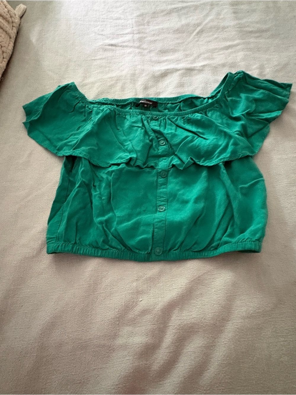 Green Off-Shoulder Ruffle Crop Top
